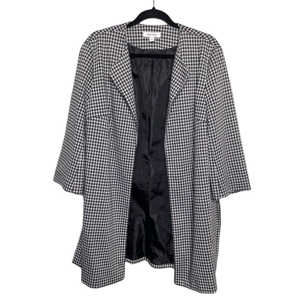 Nine West Open Front‎ Houndstooth Lapel Blazer Jacket Black White Womens Large